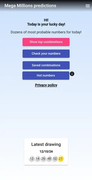 Mega millions numbers predictor screenshot of the main page